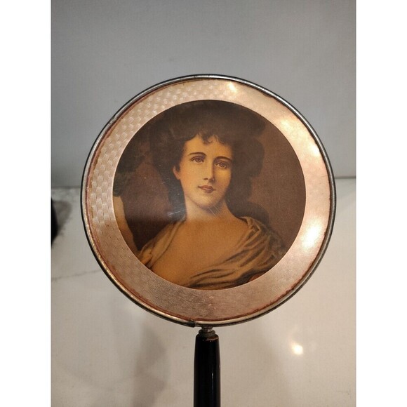 Vintage Handheld Portrait Lid Vanity Mirror with Wooden Handle Woman Portrait - Picture 12 of 13